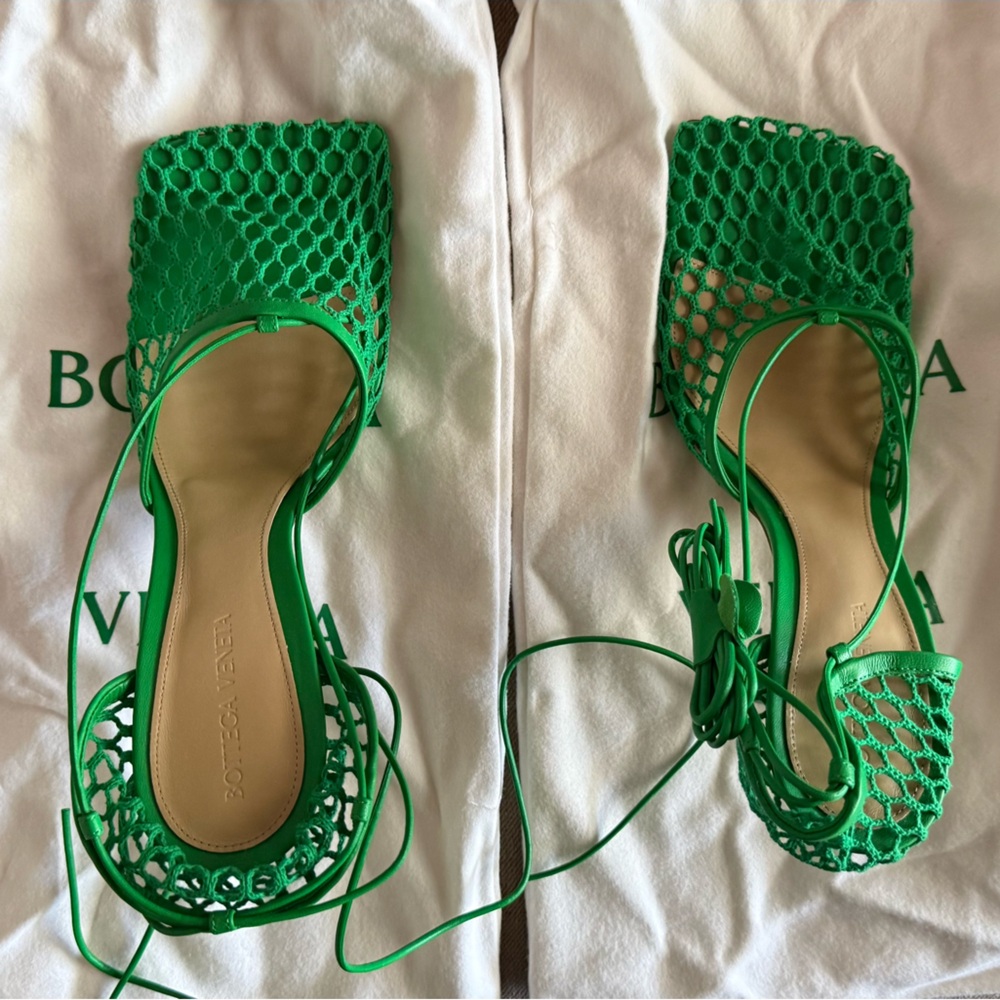 NEW Bottega Veneta Green Woven Lace-Up Heels 41